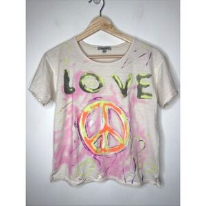 LISA TODD Pima Cotton T-Shirt Womens XS Peace Wins Airbrush Love Beige Heart Art